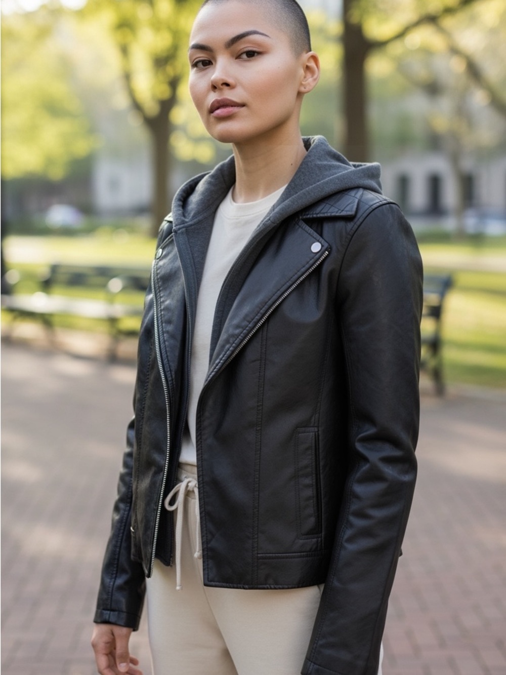 ANA Black Faux Leather Moto Jacket with Removable Hooded Sweatshirt Insert (M)